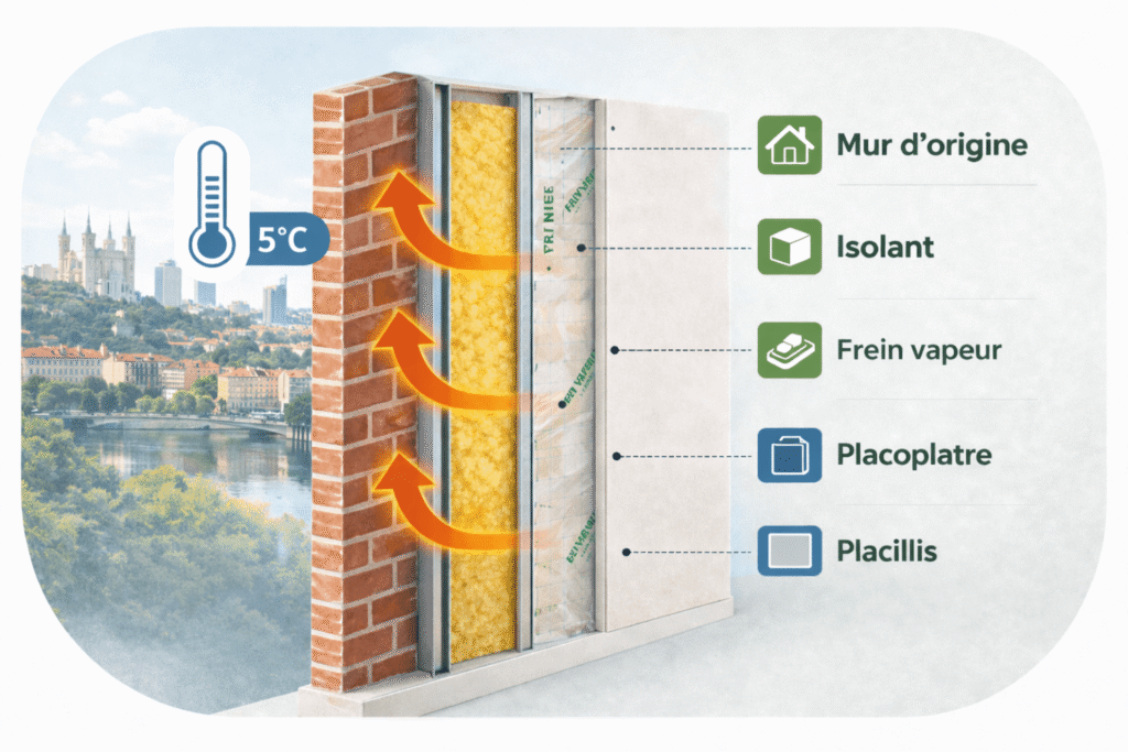 Illustration de la composition d'un mur avec une isolation par l'intérieur