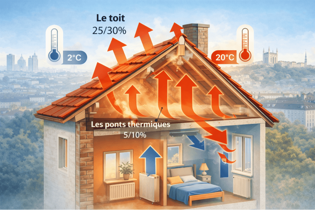 Schéma déperditions thermiques par les combles non isolés à Lyon