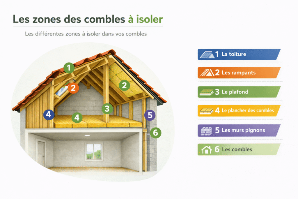 Schéma des zones d'isolation des combles — plancher, rampants, pignons